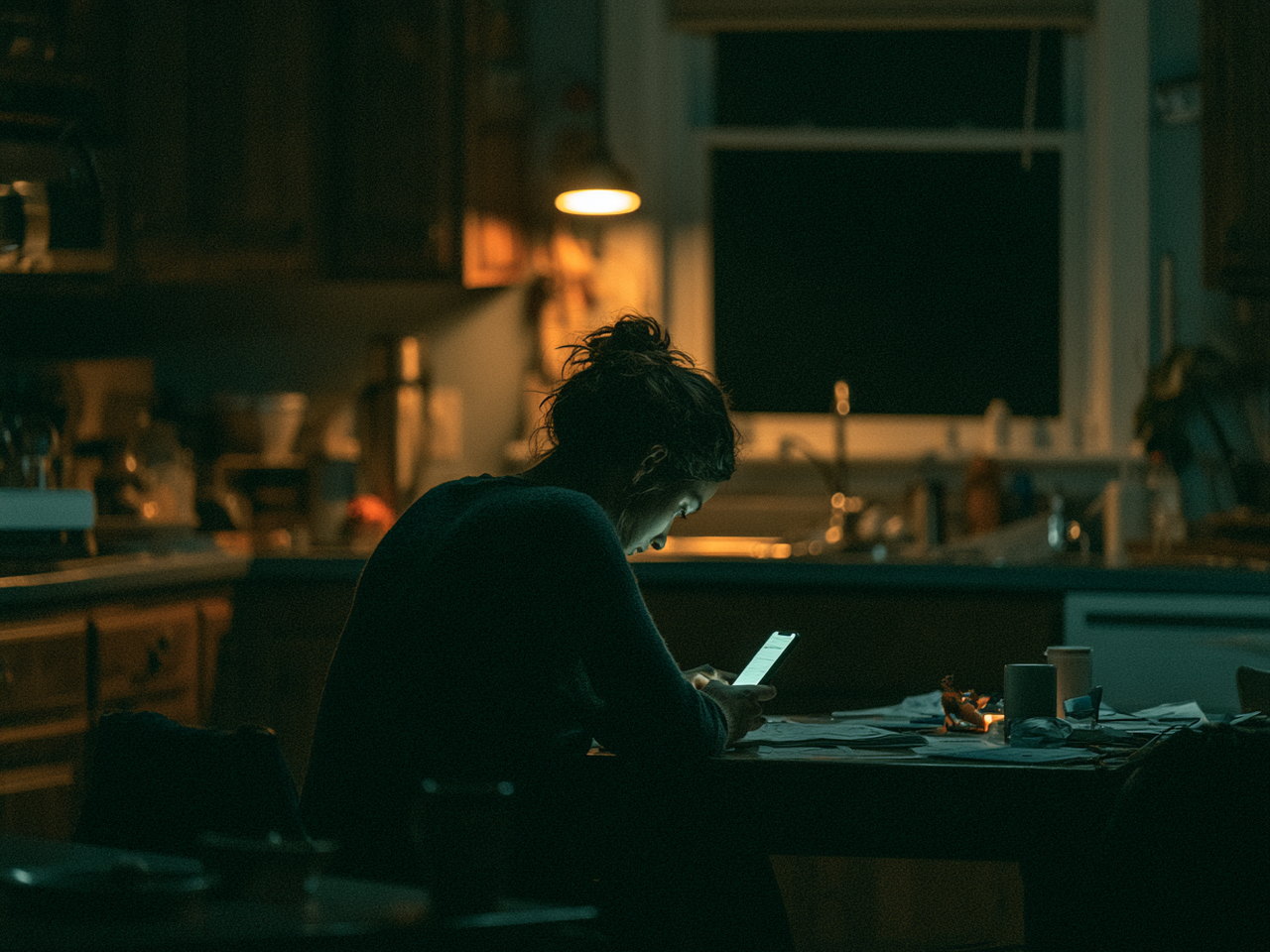 A dark kitchen lit only by a phone screen at three in the morning