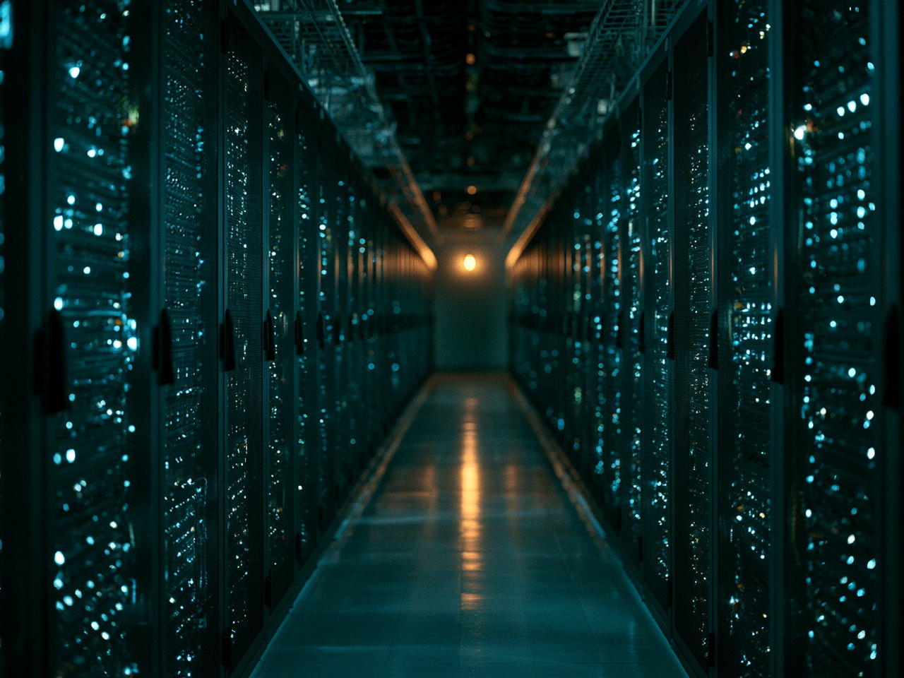 A cold server hall lit by racks of screens