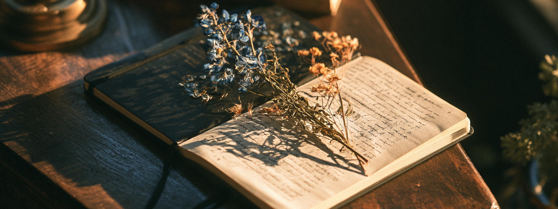 A Moleskine notebook with pressed bluebonnets on the cover