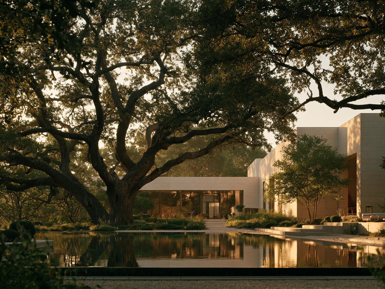 Low white limestone buildings among live oaks in the Texas Hill Country